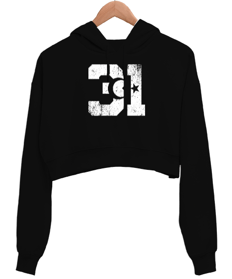 Hatay 31 Tasarım Baskılı Siyah Kadın Crop Hoodie Kapüşonlu Sweatshirt