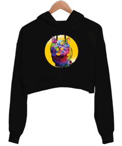 Havalı Kedi Kadın Crop Hoodie Kapüşonlu Sweatshirt