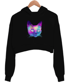 Havalı Kedi Kadın Crop Hoodie Kapüşonlu Sweatshirt