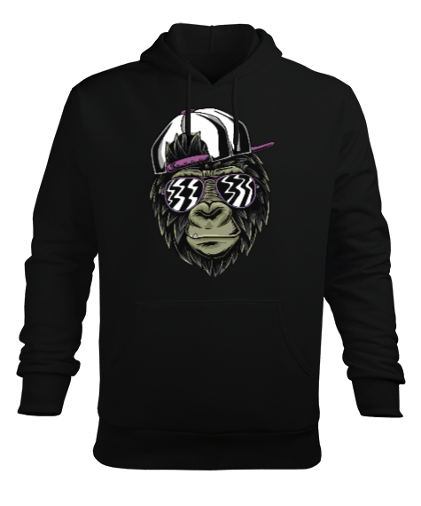 Havalı Maymun - Cool monkey with glasses Baskılı Siyah Erkek Kapüşonlu Hoodie Sweatshirt