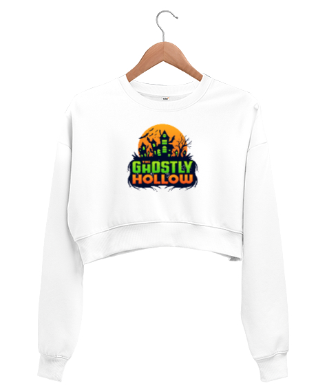 Tisho - Hayaletimsi - Halloween Beyaz Kadın Crop Sweatshirt