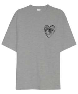 Heart And Eye - Kalp ve Göz Gri Oversize Unisex Tişört