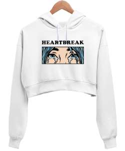 Heart Break Tasarım Baskılı Beyaz Kadın Crop Hoodie Kapüşonlu Sweatshirt