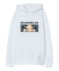 Heart Break Tasarım Baskılı Beyaz Oversize Unisex Kapüşonlu Sweatshirt