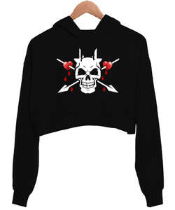 Heart Skull Siyah Kadın Crop Hoodie Kapüşonlu Sweatshirt