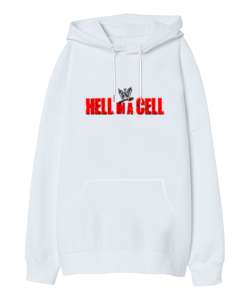 Hell In A Cell Beyaz Oversize Unisex Kapüşonlu Sweatshirt