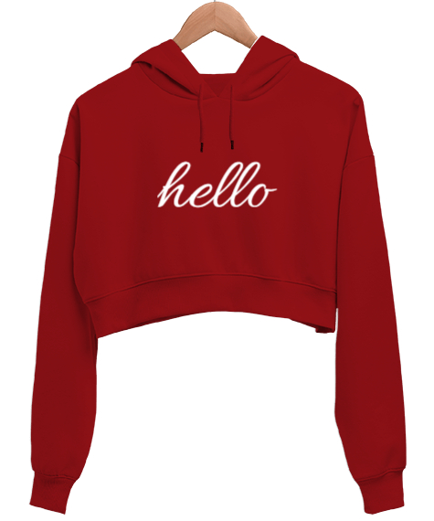 Tisho - HELLO Kırmızı Kadın Crop Hoodie Kapüşonlu Sweatshirt