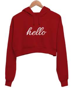 HELLO Kırmızı Kadın Crop Hoodie Kapüşonlu Sweatshirt