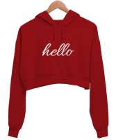 HELLO Kırmızı Kadın Crop Hoodie Kapüşonlu Sweatshirt - Thumbnail