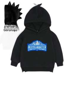 Hello Winter - Kış Mevsimi Siyah Çocuk Dinozor Kapşonlu Hoodie