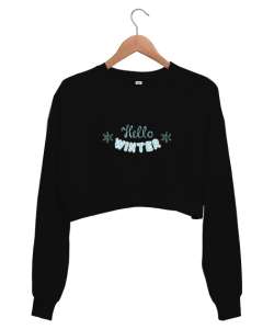 Hello Winter Siyah Kadın Crop Sweatshirt