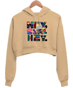 Hey Girl Camel Kadın Crop Hoodie Kapüşonlu Sweatshirt