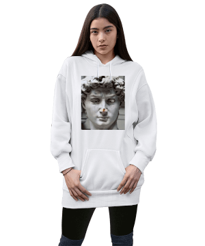 Heykelin burnunda arı Kadın Uzun Hoodie Kapüşonlu Sweatshirt