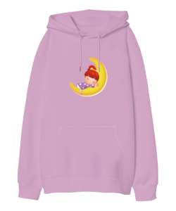 Hilal Ay Üstünde Yatan Kız Pembe Oversize Unisex Kapüşonlu Sweatshirt