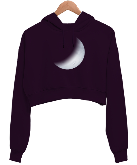 Tisho - Hilal - Gece ve Ay Koyu Mor Kadın Crop Hoodie Kapüşonlu Sweatshirt