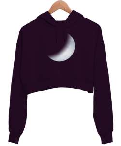 Hilal - Gece ve Ay Koyu Mor Kadın Crop Hoodie Kapüşonlu Sweatshirt