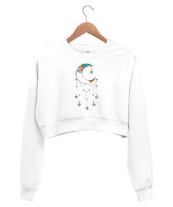 Hilal ve Yıldızlar Beyaz Kadın Crop Sweatshirt