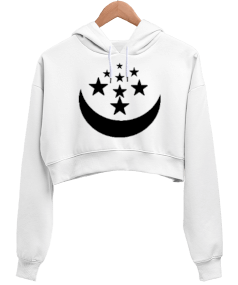 Hilal ve yıldızlar Kadın Crop Hoodie Kapüşonlu Sweatshirt