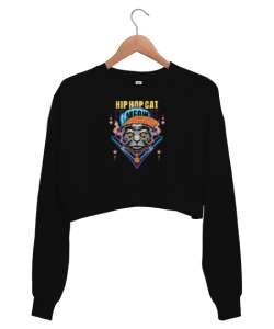 Hip Hop Kedi - Cat V1 Siyah Kadın Crop Sweatshirt