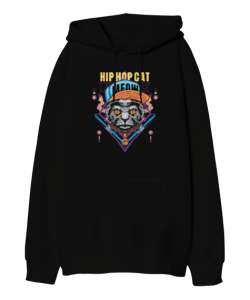 Hip Hop Kedi - Cat V1 Siyah Oversize Unisex Kapüşonlu Sweatshirt