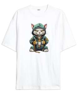 Hip Hop Kedi - Cat V2 Beyaz Oversize Unisex Tişört