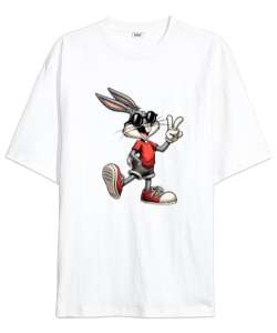 Hip Hopçu Bugs Bunny Beyaz Oversize Unisex Tişört