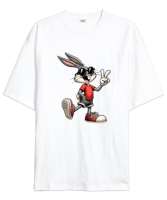 Hip Hopçu Bugs Bunny Beyaz Oversize Unisex Tişört - Thumbnail