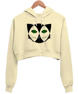 Hipnotize Kedi Krem Kadın Crop Hoodie Kapüşonlu Sweatshirt