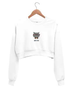 Hipster Cat Beyaz Kadın Crop Sweatshirt