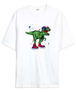 Hipster Dinozor Beyaz Oversize Unisex Tişört