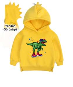 Hipster Dinozor Sarı Çocuk Dinozor Kapşonlu Hoodie