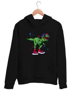 Hipster Dinozor Siyah Unisex Kapşonlu Sweatshirt