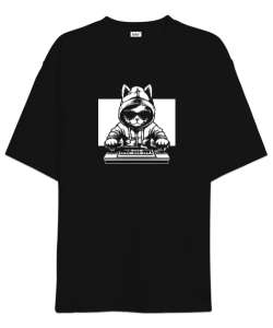 Hipster DJ Kedi - Cat Siyah Oversize Unisex Tişört