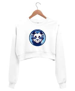 Hipster Panda Beyaz Kadın Crop Sweatshirt