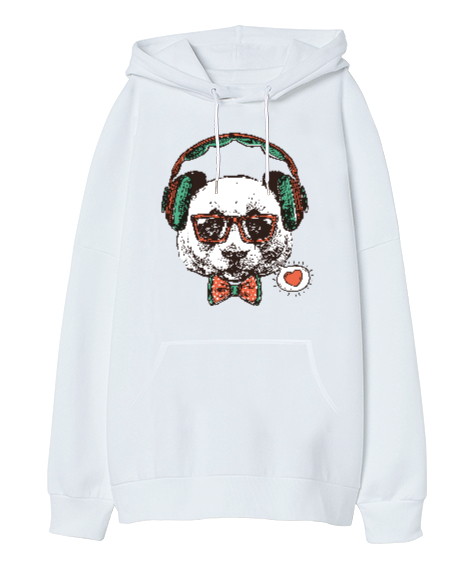 Hipster Panda Beyaz Oversize Unisex Kapüşonlu Sweatshirt