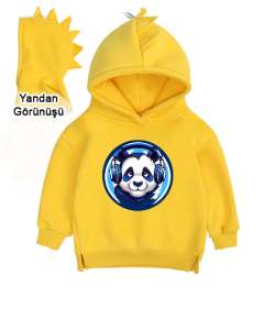 Hipster Panda Sarı Çocuk Dinozor Kapşonlu Hoodie