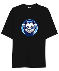 Hipster Panda Siyah Oversize Unisex Tişört