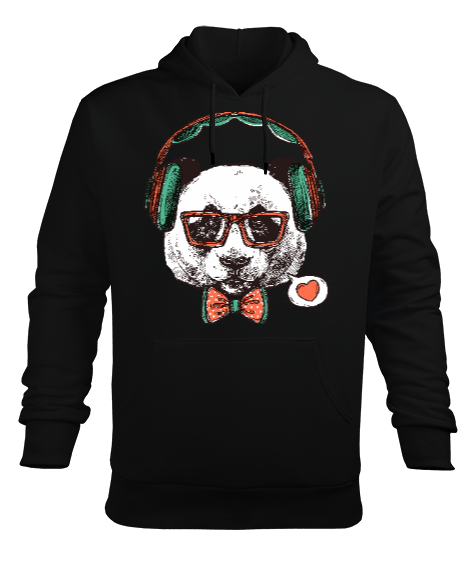 Hipster Panda Tasarım Baskılı Siyah Erkek Kapüşonlu Hoodie Sweatshirt