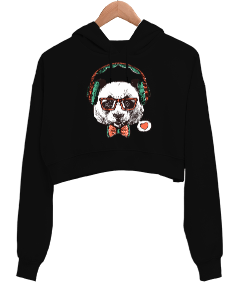 Hipster Panda Tasarım Baskılı Siyah Kadın Crop Hoodie Kapüşonlu Sweatshirt