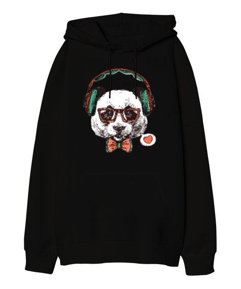 Hipster Panda Tasarım Baskılı Siyah Oversize Unisex Kapüşonlu Sweatshirt