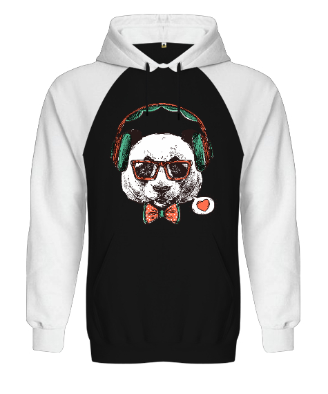 Hipster Panda Tasarım Baskılı Siyah/Beyaz Orjinal Reglan Hoodie Unisex Sweatshirt