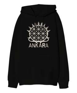 Hitit Güneşi - Ankara Siyah Oversize Unisex Kapüşonlu Sweatshirt