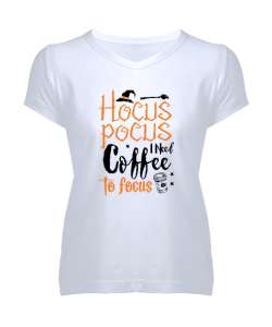 Hocus Pocus Coffee - Hokus Pokus Kahve Beyaz Kadın V Yaka Tişört