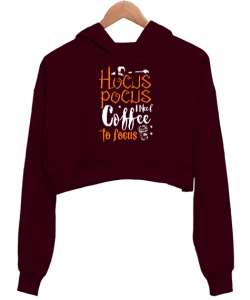 Hocus Pocus Coffee - Hokus Pokus Kahve Bordo Kadın Crop Hoodie Kapüşonlu Sweatshirt