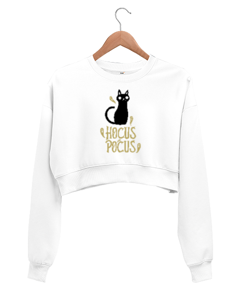 Tisho - Hokus Pokus Kedi - Hayaletler - Hocus Pocus Beyaz Kadın Crop Sweatshirt