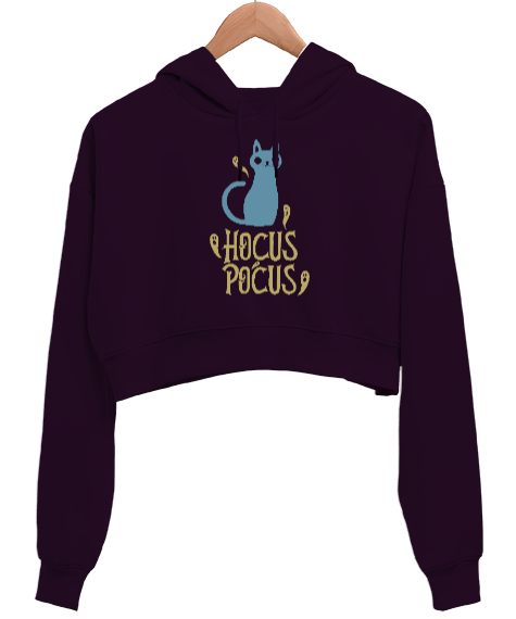 Tisho - Hokus Pokus Kedi - Hayaletler - Hocus Pocus Koyu Mor Kadın Crop Hoodie Kapüşonlu Sweatshirt