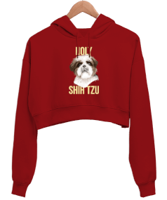 Holy Shih Tzu Kırmızı Kadın Crop Hoodie Kapüşonlu Sweatshirt