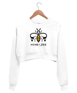 Honey Bee - Bal Arısı Beyaz Kadın Crop Sweatshirt