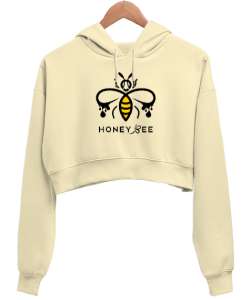 Honey Bee - Bal Arısı Krem Kadın Crop Hoodie Kapüşonlu Sweatshirt