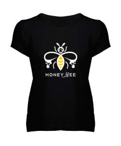 Honey Bee - Bal Arısı Siyah Kadın V Yaka Tişört